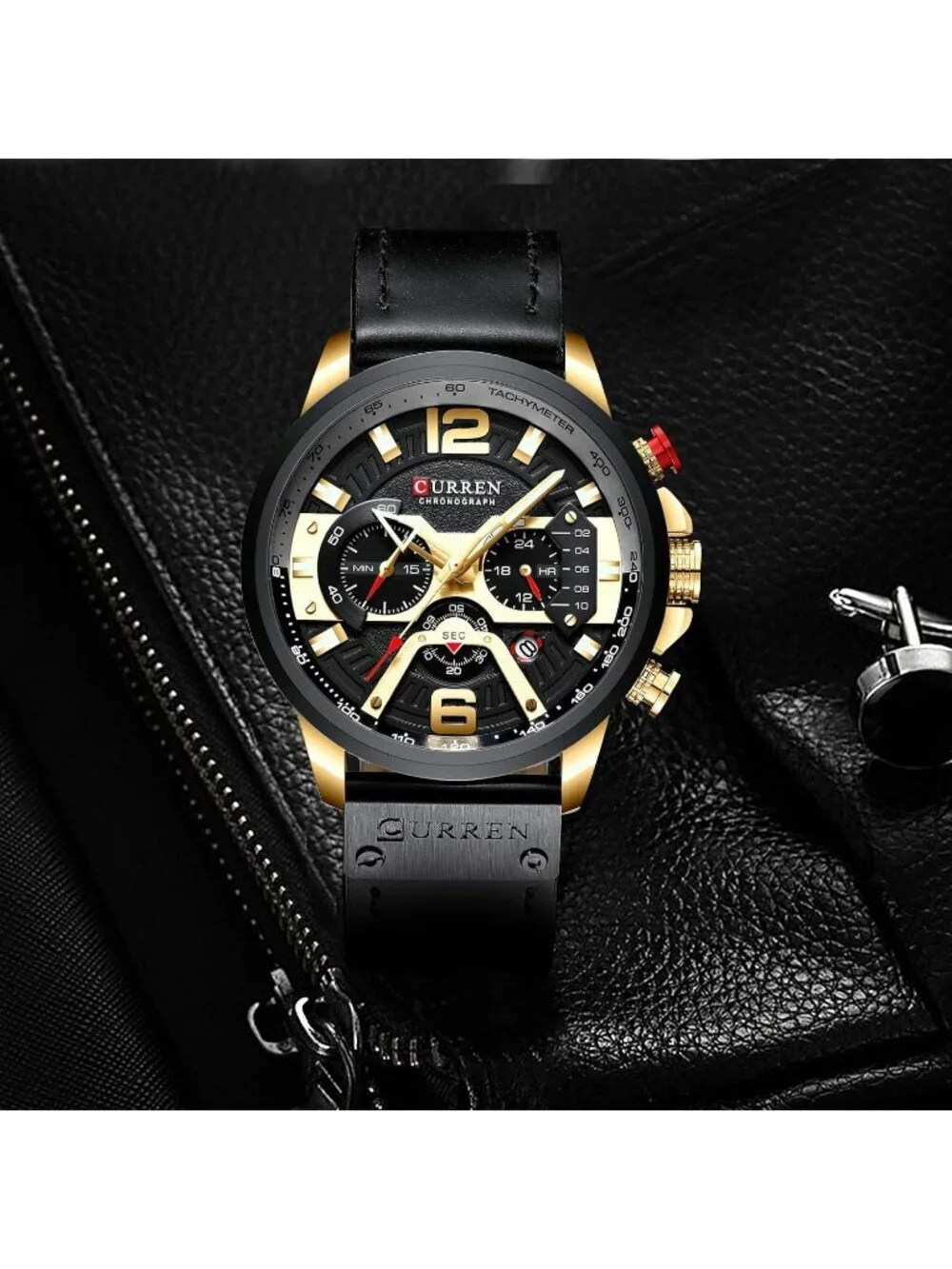 Men's Black Gold Analog Quartz Waterproof Leather Strap Chronograph Luxury Watch
